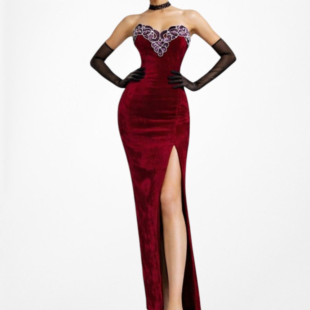 Vintage Burgundy Red Strapless Sequin Beaded Velvet Bodycon Maxi Slit Prom Dress
